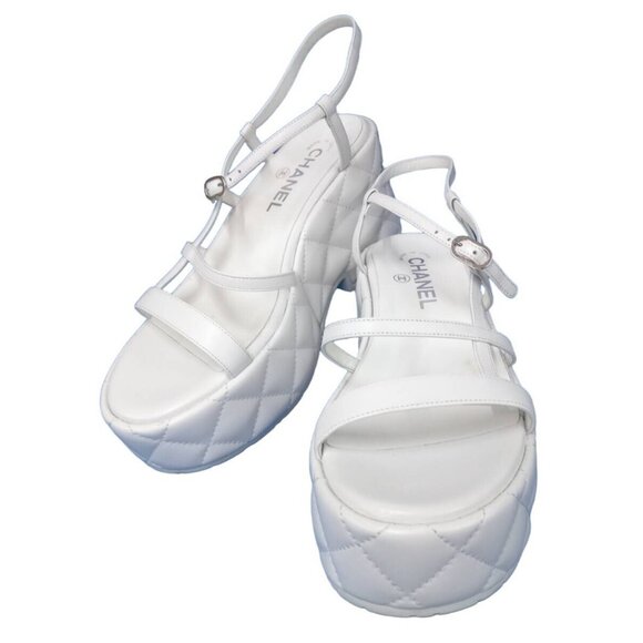 Authentic CHANEL Cruise Quilted Slingback Sandals Platform Shoes White 38 - Picture 1 of 9